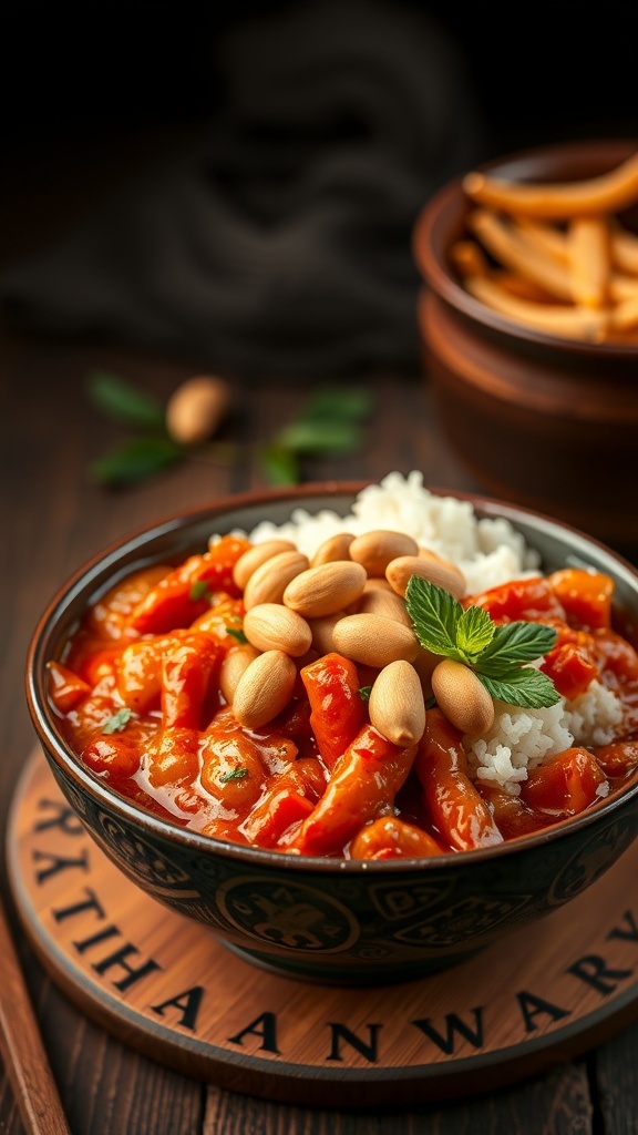 A bowl of Szechuan Spicy Chili with rice, peanuts, and mint leaves.