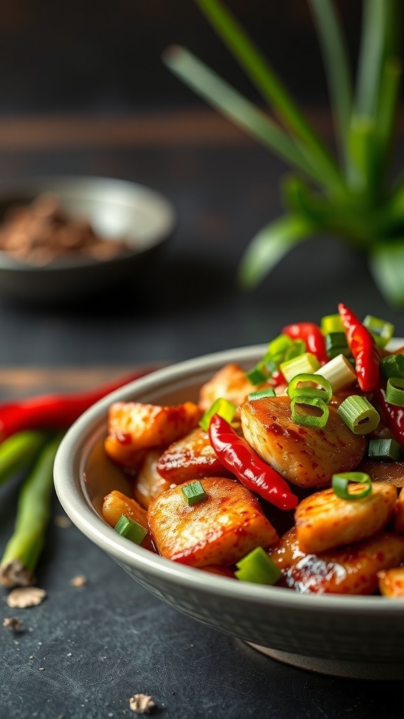 A bowl of Szechuan Spicy Fish garnished with green onions and red chilies, showcasing vibrant colors and fresh ingredients.