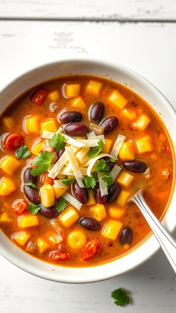 A bowl of taco soup with corn, beans, and cheese on top.