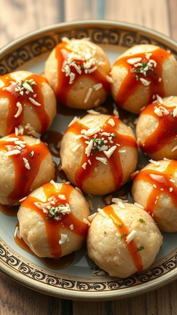 Deliciously plated takoyaki octopus balls drizzled with sauce and topped with bonito flakes.
