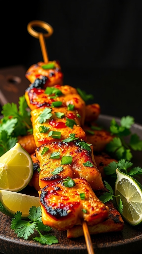 Grilled Tandoori Fish Tikka skewers garnished with cilantro and lemon