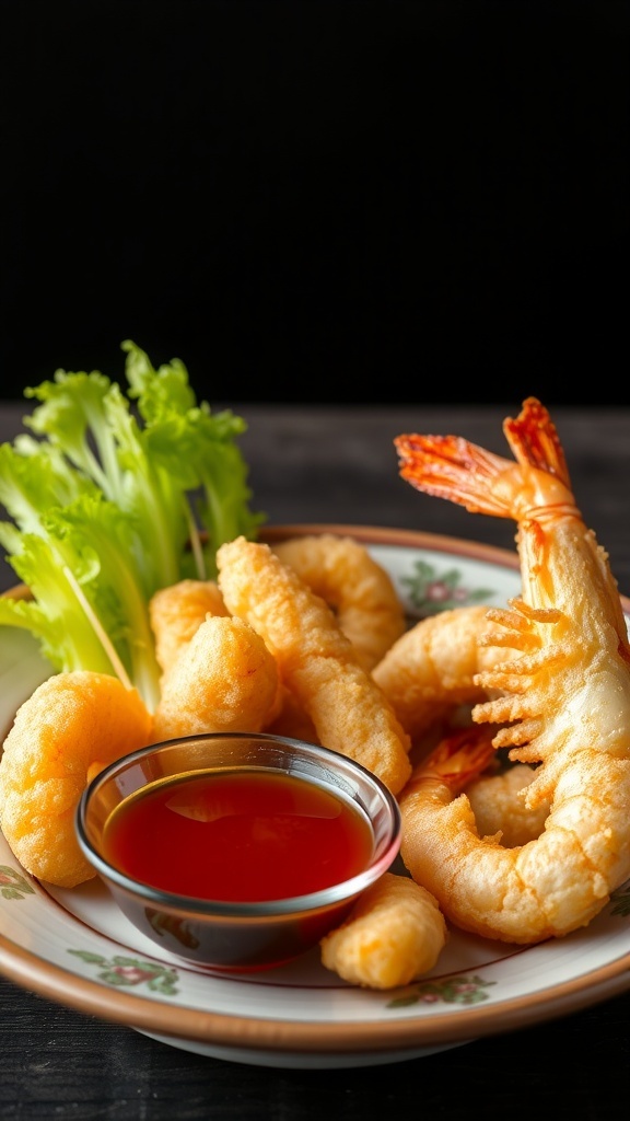 A plate of tempura shrimp and vegetables with a dipping sauce