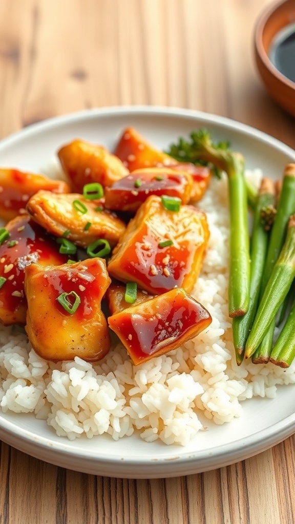 Plate of teriyaki chicken served over rice with green beans and garnished with green onions.