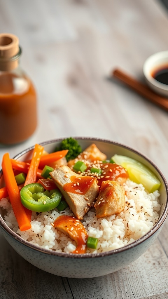 A bowl of Teriyaki Chicken Rice Bowl with chicken, rice, and colorful vegetables.