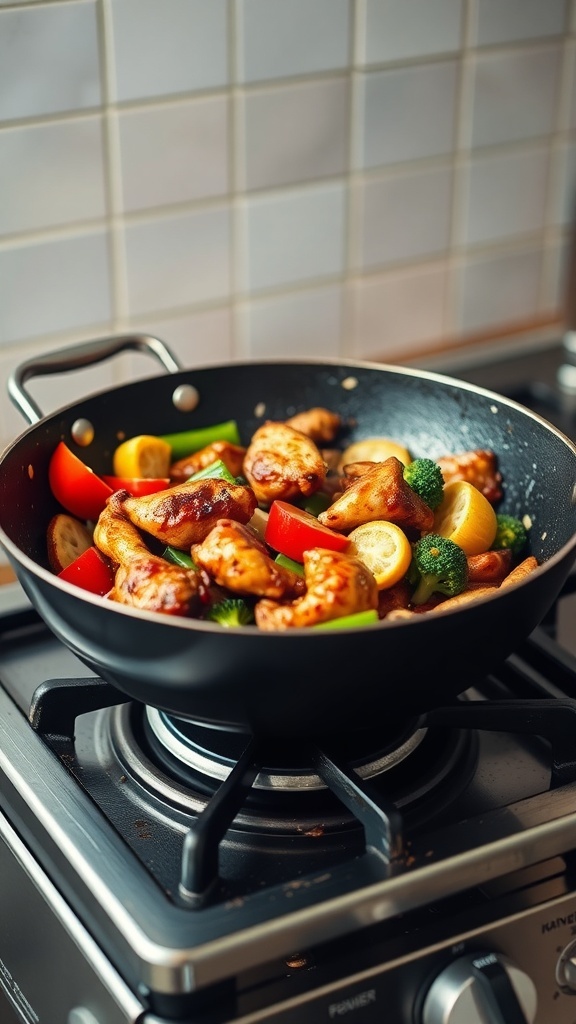 A colorful teriyaki chicken stir-fry with chicken pieces, bell peppers, broccoli, and lemon slices in a black wok.
