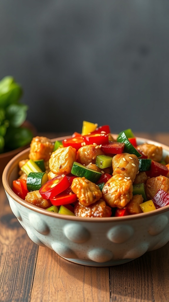 A colorful bowl of teriyaki chicken stir-fry with vegetables