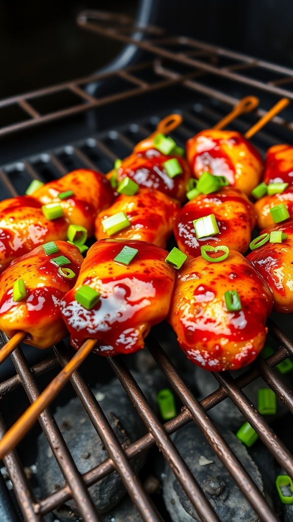 Grilled teriyaki chicken thigh skewers with green onions on a grill