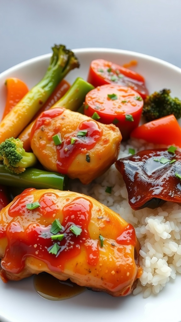 A plate of teriyaki chicken with glazed vegetables and rice