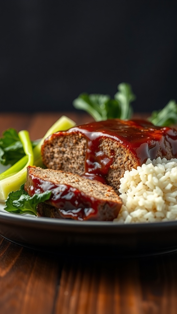 A plate of teriyaki glazed meatloaf with rice and greens.