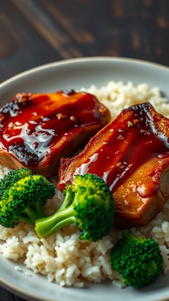 Teriyaki pork chops served with rice and broccoli