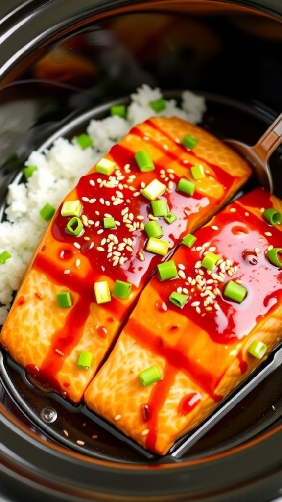 Crockpot Teriyaki Salmon with green onions and sesame seeds