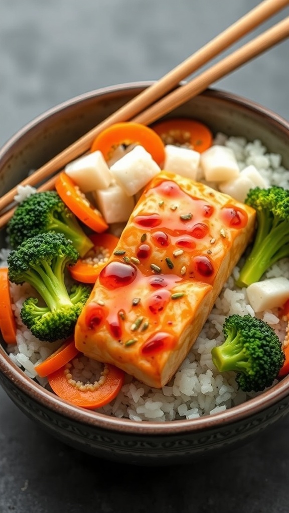 A delicious Teriyaki Salmon Rice Bowl with salmon, rice, broccoli, and carrots.