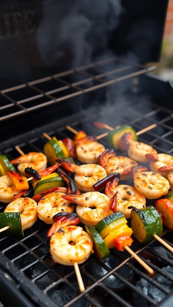 Grilled teriyaki shrimp and vegetable skewers on a grill