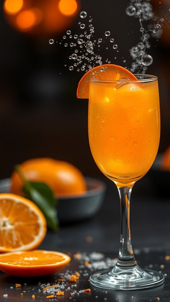 A vibrant orange mocktail with bubbles and a slice of tangerine, surrounded by fresh tangerines.