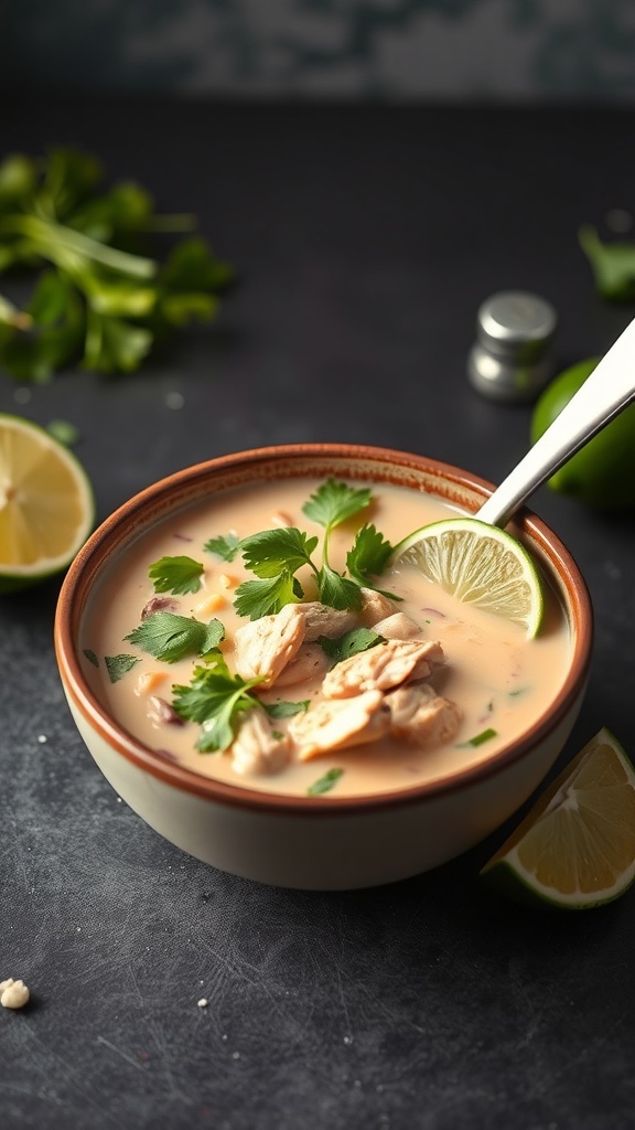 A bowl of Thai Coconut Chicken Soup garnished with cilantro and lime slices.