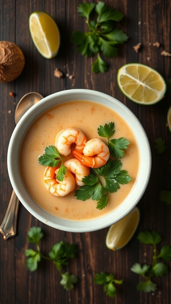 A bowl of Thai Coconut Curry Soup topped with shrimp and cilantro, with lime wedges on the side.