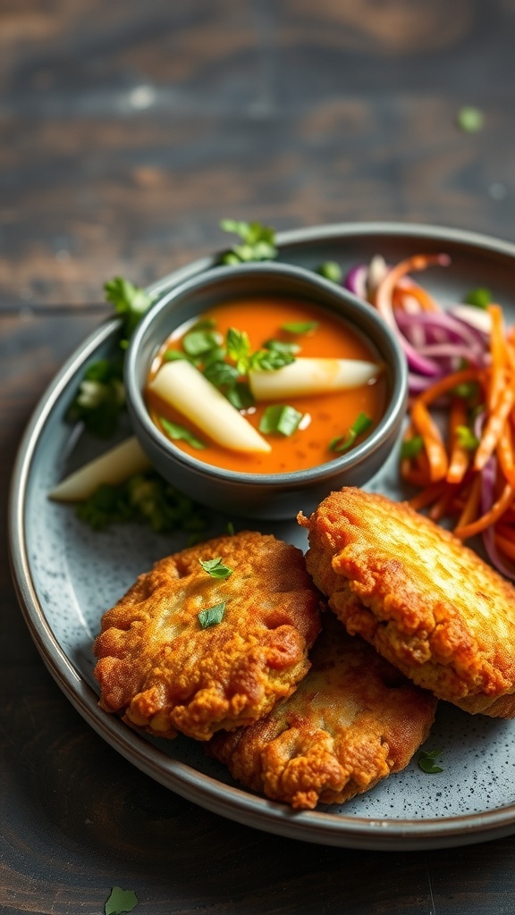A plate of Thai fish cakes with dipping sauce and cucumber slices.