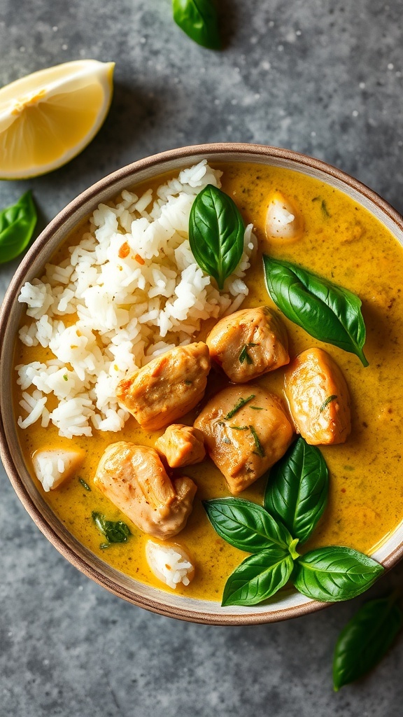 A bowl of Thai Green Curry with Chicken served with rice and garnished with basil leaves.