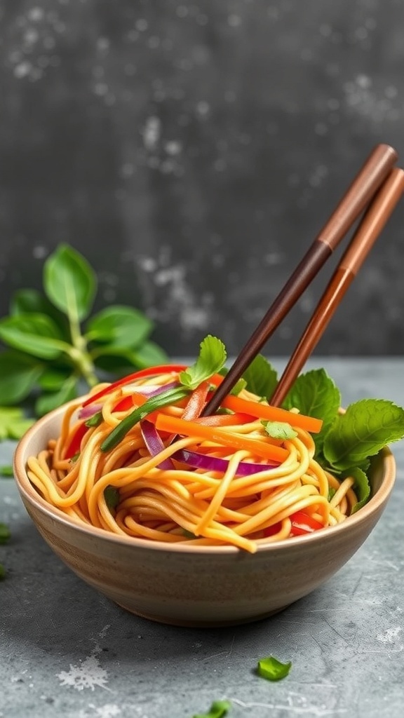A bowl of Thai Peanut Noodle Salad with colorful vegetables and chopsticks