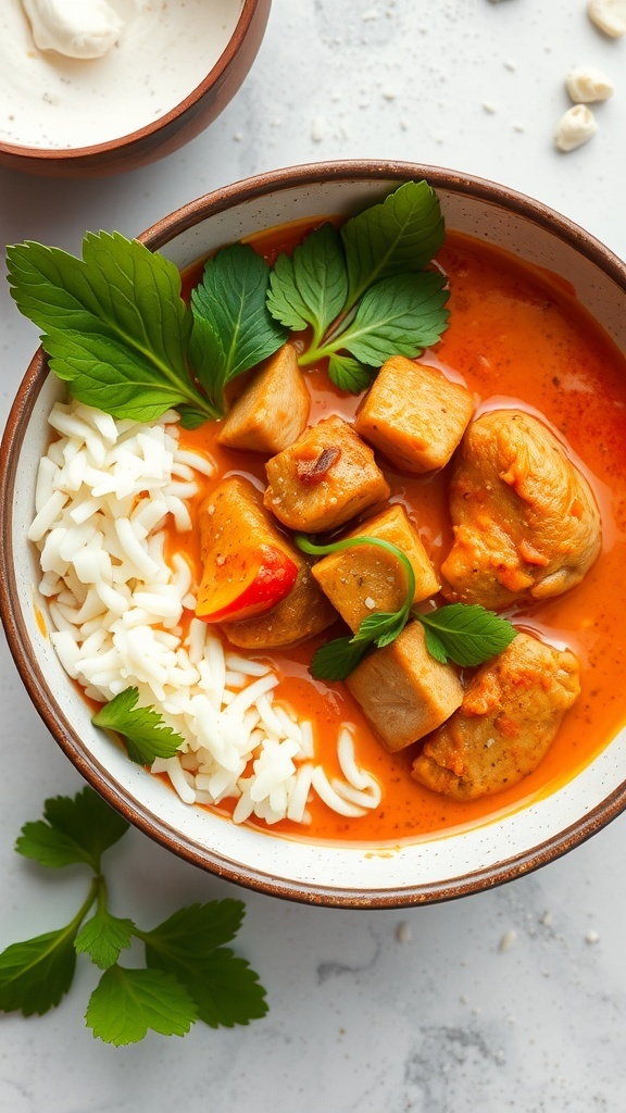 A bowl of Thai Red Curry Chicken with rice and fresh herbs