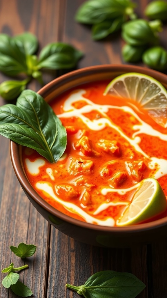 A bowl of Thai Red Curry Chili topped with coconut milk, lime, and basil