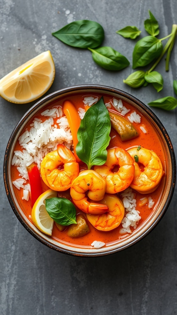 A bowl of Thai Red Curry Shrimp with rice, garnished with basil and lemon.