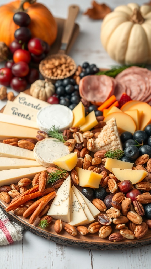 A beautifully arranged Thanksgiving charcuterie board featuring cheeses, meats, nuts, and seasonal fruits.