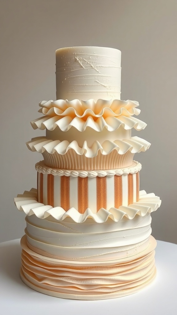A beautifully designed tiered cake with unique textures and colors.