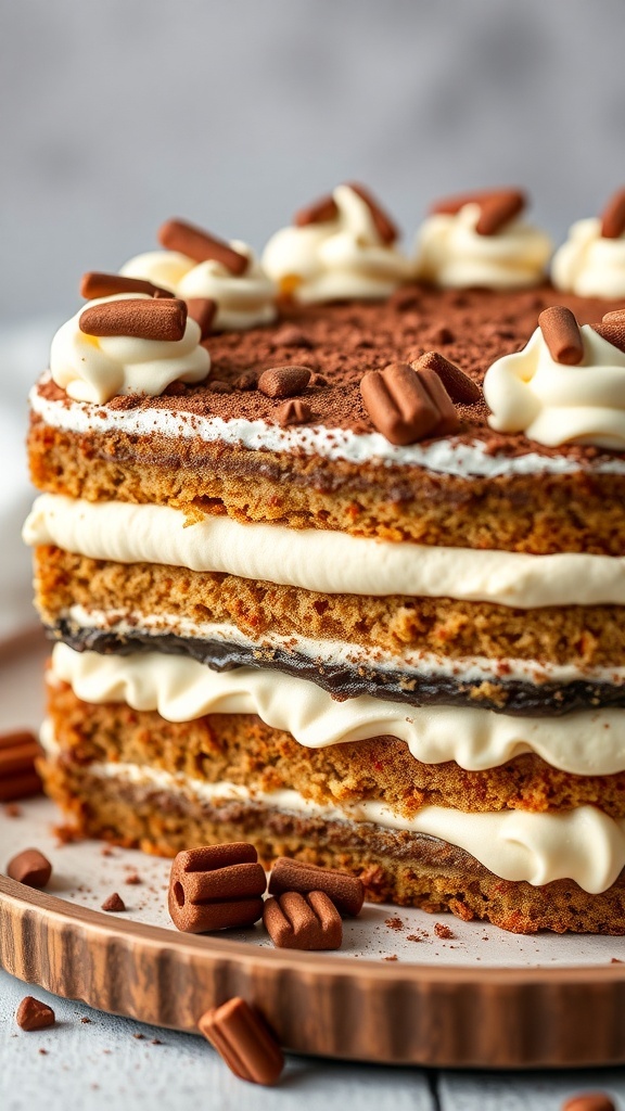 A delicious tiramisu cake layered with coffee-soaked sponge and mascarpone cream, topped with whipped cream and chocolate accents.
