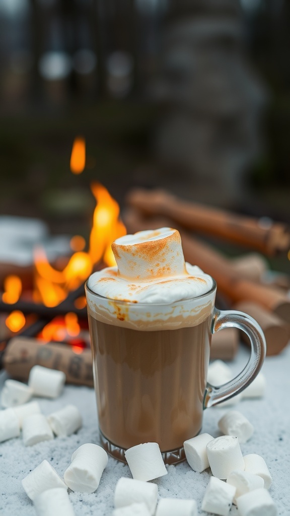 A toasted marshmallow latte with whipped cream and a toasted marshmallow on top, surrounded by mini marshmallows and a cozy fire in the background.