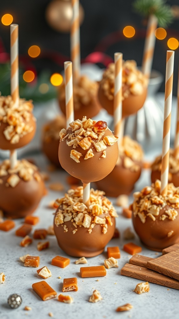 Delicious toffee crunch cake pops decorated with toffee bits and chocolate coating.