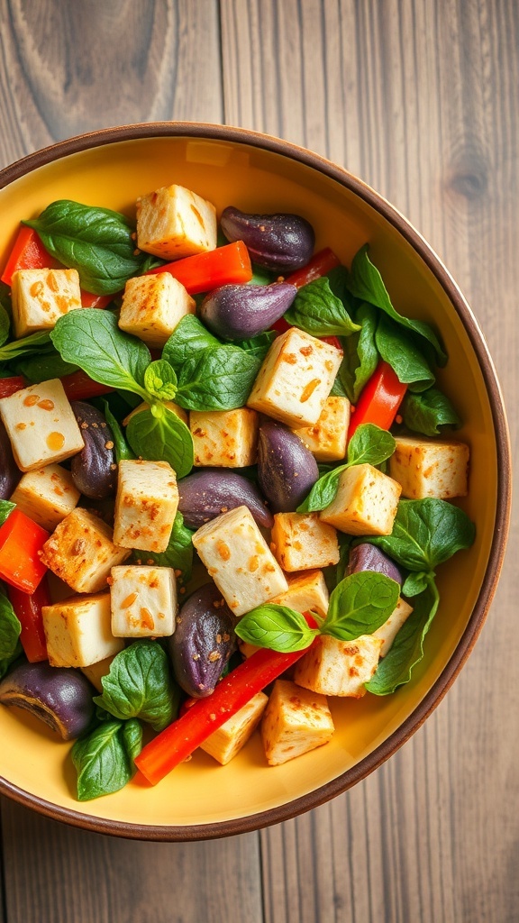 A colorful Tofu and Vegetable Salad with spinach, red bell peppers, and golden tofu cubes.