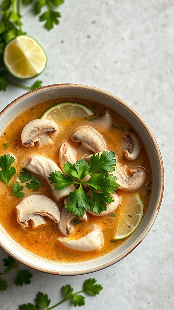 A bowl of Tom Kha Gai, a Thai coconut soup with chicken, mushrooms, lime, and cilantro.