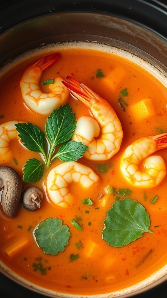 A bowl of Tom Yum soup with shrimp, mushrooms, and herbs in a crock pot.