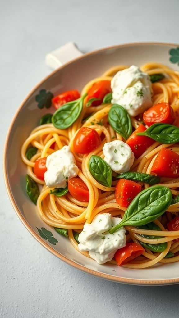 A bowl of Tomato and Spinach Ricotta Pasta with cherry tomatoes, spinach, and dollops of ricotta cheese.
