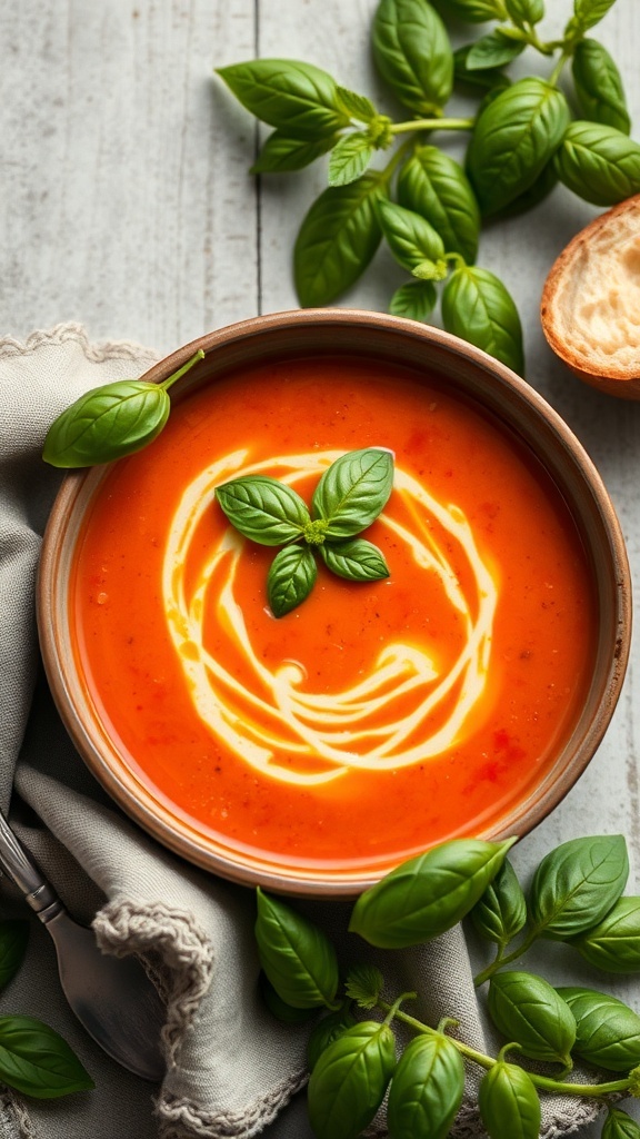 A bowl of tomato basil soup garnished with fresh basil leaves and a swirl of cream, surrounded by basil sprigs.