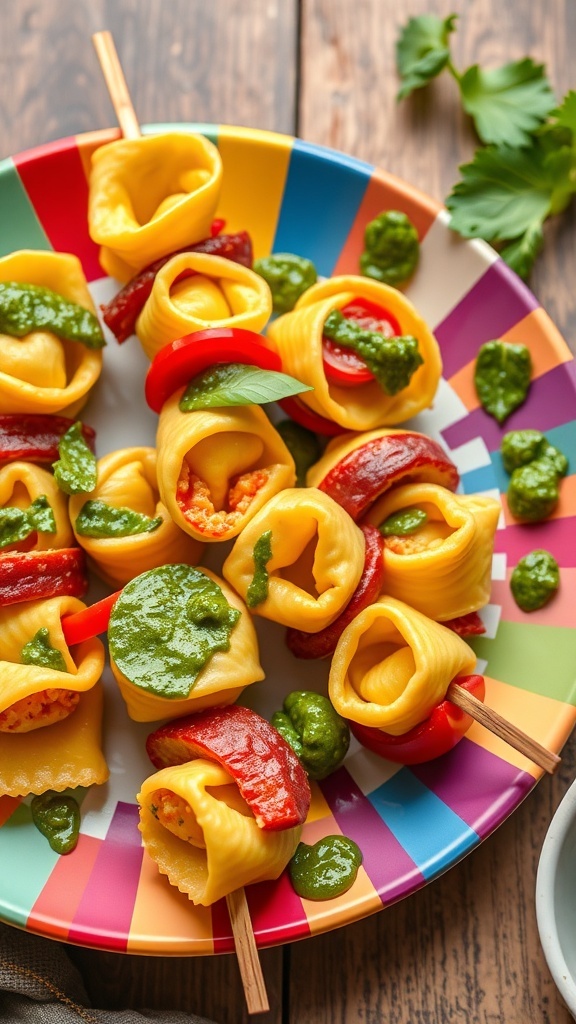 Colorful tortellini skewers with pesto on a vibrant plate