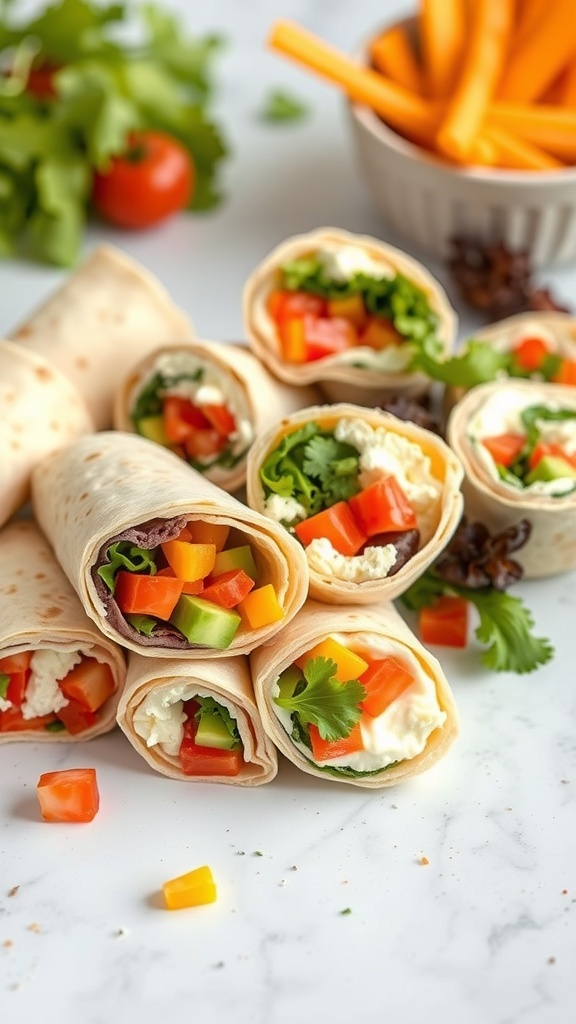 Colorful tortilla roll-ups filled with cream cheese and fresh vegetables.