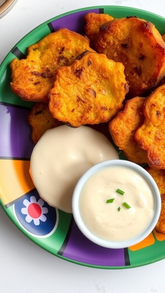 A plate of tostones with garlic sauce