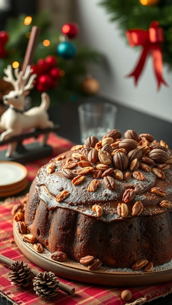 A traditional fruitcake topped with nuts, set against a festive background.