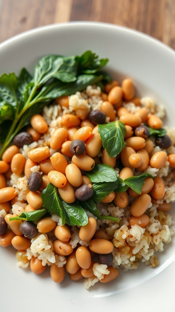 A bowl of Hoppin' John with black-eyed peas, rice, and greens