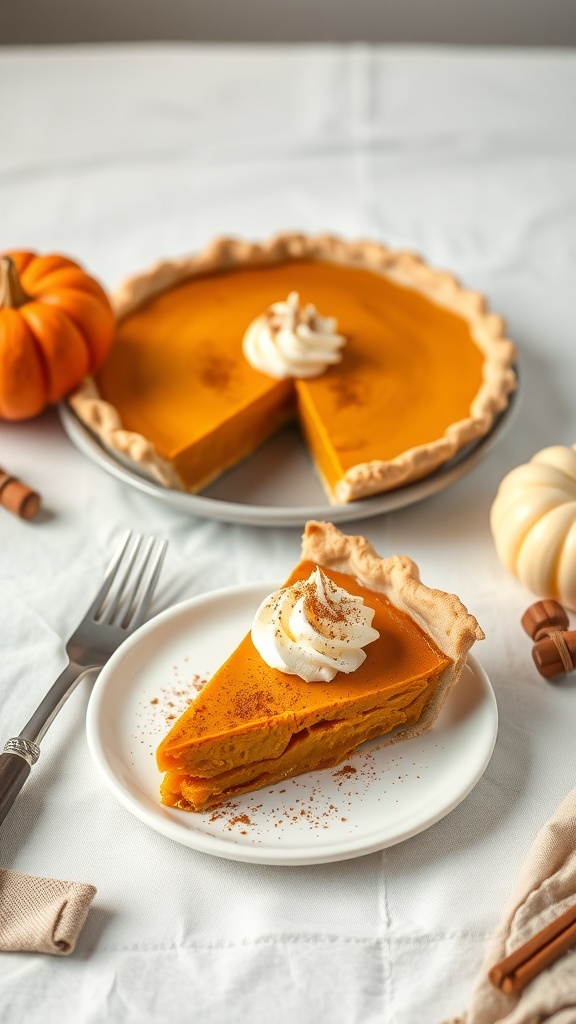 A slice of traditional pumpkin pie with whipped cream on a white plate, next to a whole pie and decorative pumpkins.