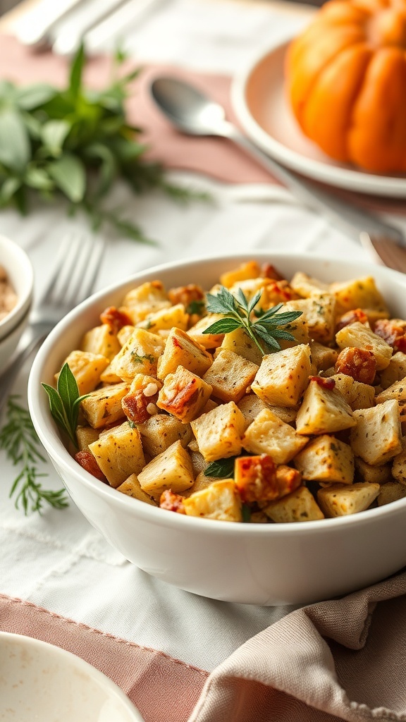 A bowl of traditional stuffing with sage, featuring golden-brown bread cubes and fresh herbs.