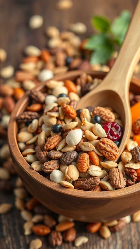 A wooden bowl filled with a colorful mix of nuts and dried fruits, with a wooden spoon resting on top.