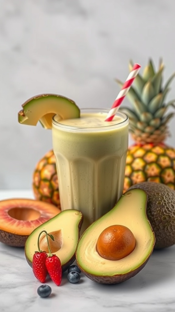 A tropical avocado smoothie in a glass with a slice of apple on top, surrounded by fresh fruits like avocados, strawberries, and a pineapple.