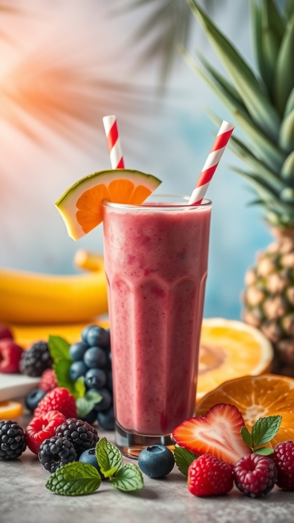 A colorful Tropical Berry Burst smoothie with berries and a slice of orange.