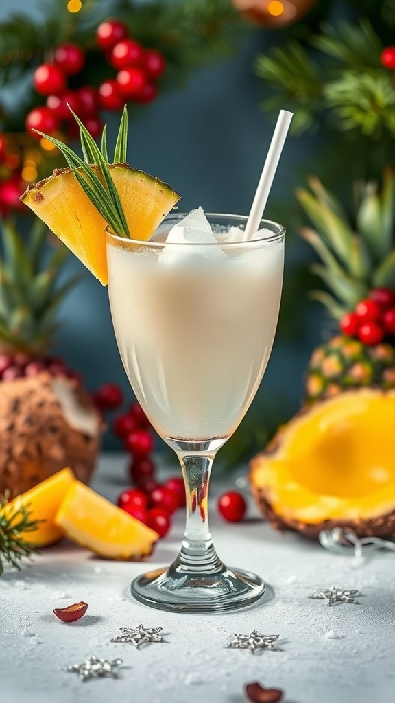 A Tropical Christmas Cooler mocktail garnished with pineapple and rosemary, surrounded by festive decorations.