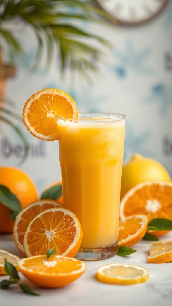 A refreshing Tropical Citrus Smoothie with orange slices and lemons