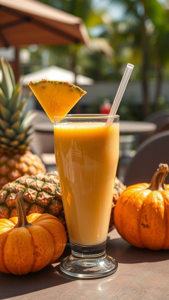 A tropical fall smoothie in a glass with a pineapple slice on top, surrounded by fresh pineapples and pumpkins.
