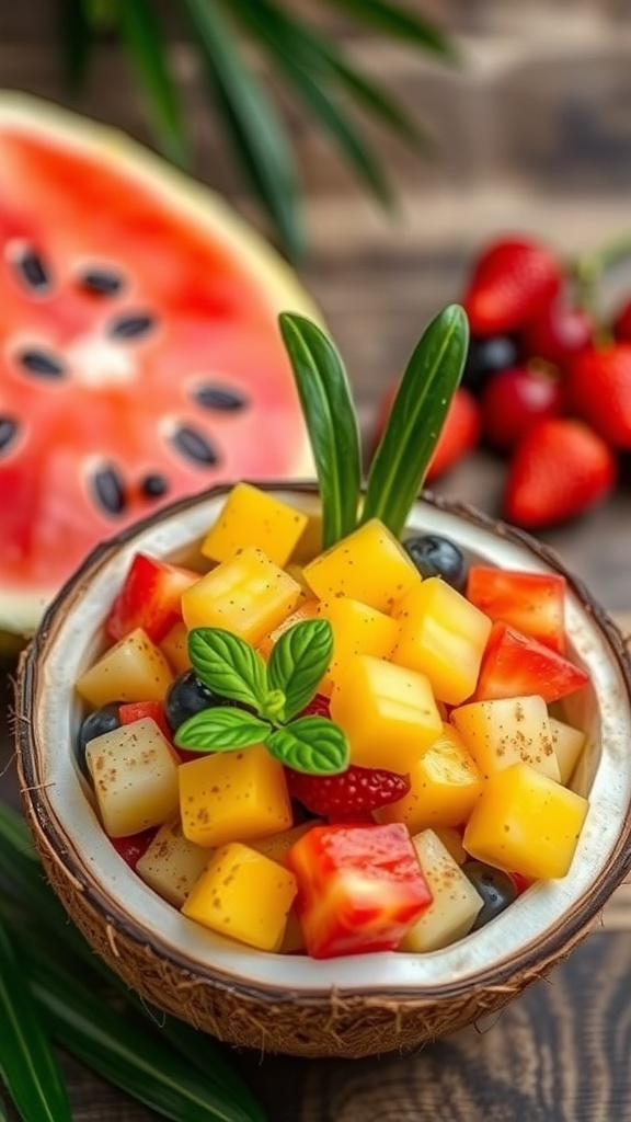A colorful tropical fruit salad in a coconut bowl, featuring diced mango, strawberries, blueberries, and a sprig of mint.